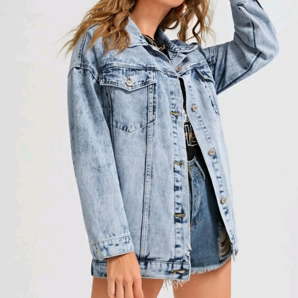 Oversized drop shoulder bleach washed jean denim jacket coat